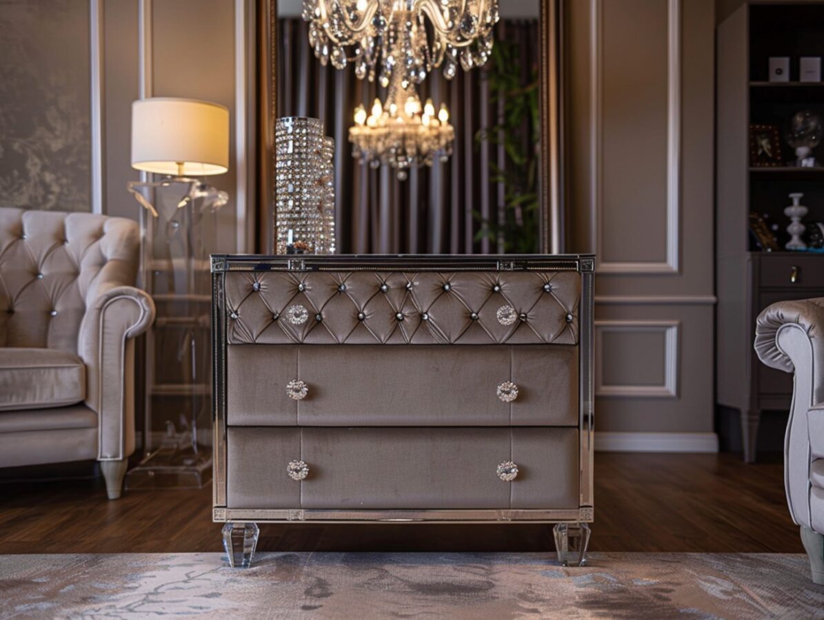 Komoda z dekoracyjnymi frontami i kryształową lampą w stylu glamour