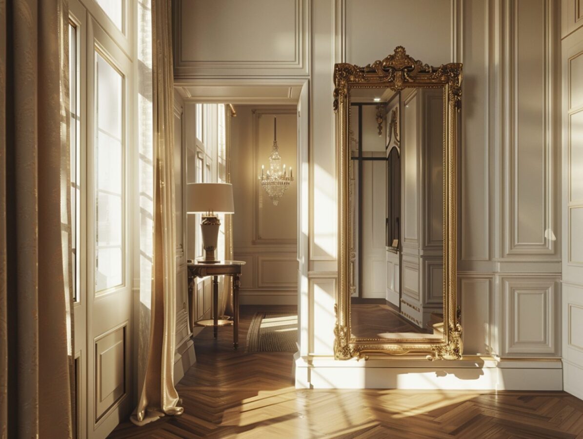 Nowoczesne lustro podłużne ze złotą ramą