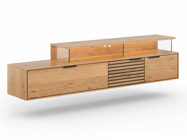 Szafka RTV wisząca z dębu z czarnymi frezami, styl nowoczesny