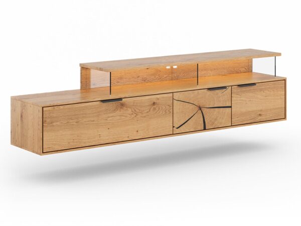 Drewniana szafka RTV z czarnymi elementami i podświetleniem LED