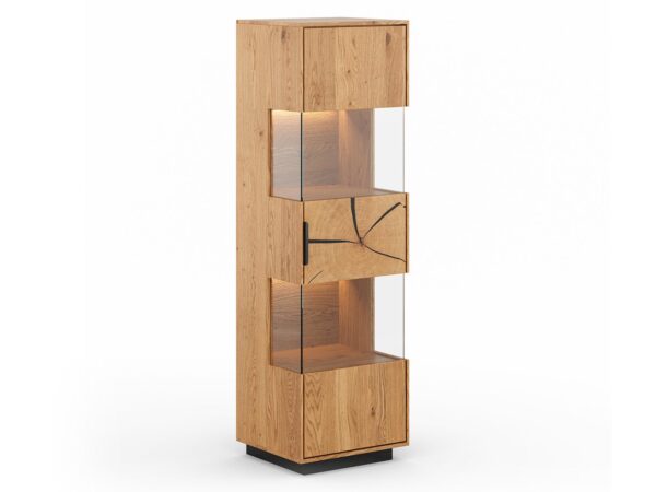 Nowoczesna witryna dębowa z czarną podstawą i lamelami
