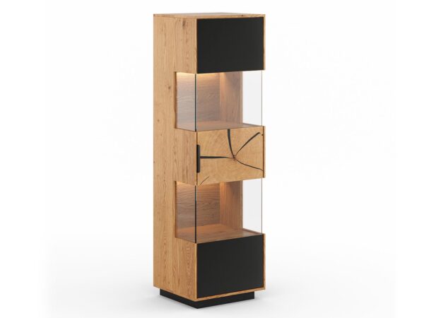 Szafka z drewna dębowego z LED i czarnym dekorem, detal z boku