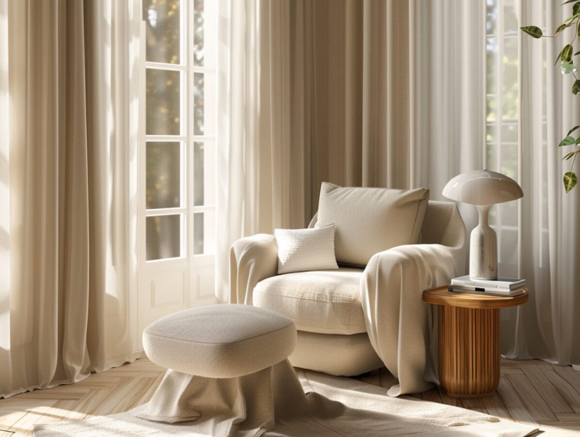 Fotel z pufą w kolorze beżowym w salonie w stylu klasycznym