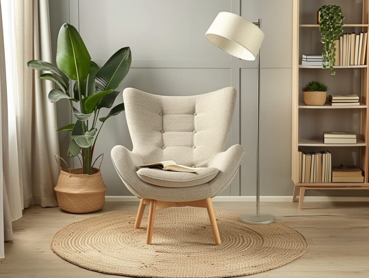 Skandynawski fotel z drewnianymi nogami i podnóżkiem przy lampie