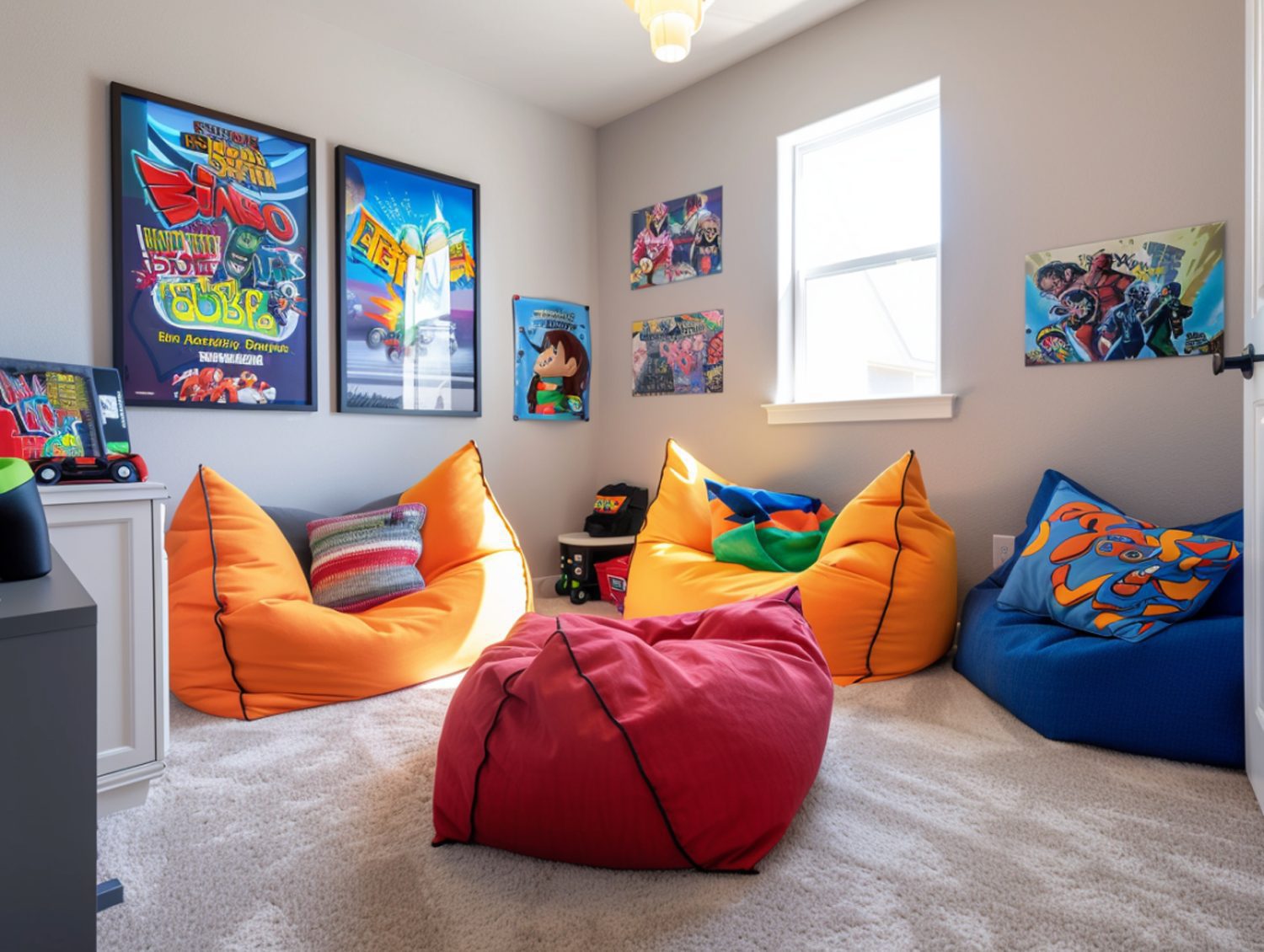 Kolorowe worki sako w pokoju dziecięcym w stylu kreatywnym