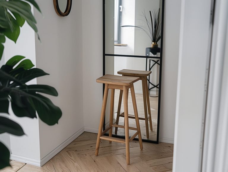 Wysoki stołek barowy z drewna przy ścianie z lustrem w przedpokoju