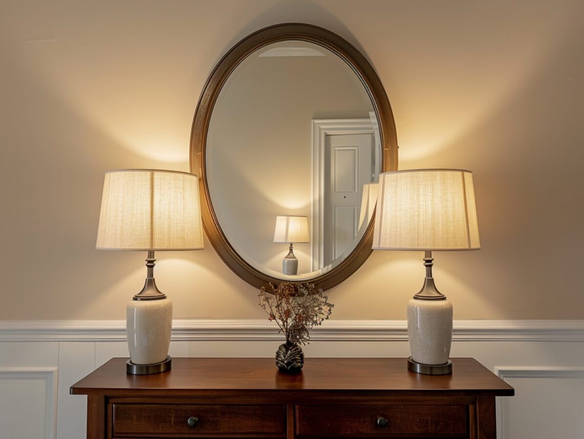 Drewniana komoda z lustrem i lampami w stylu klasycznym