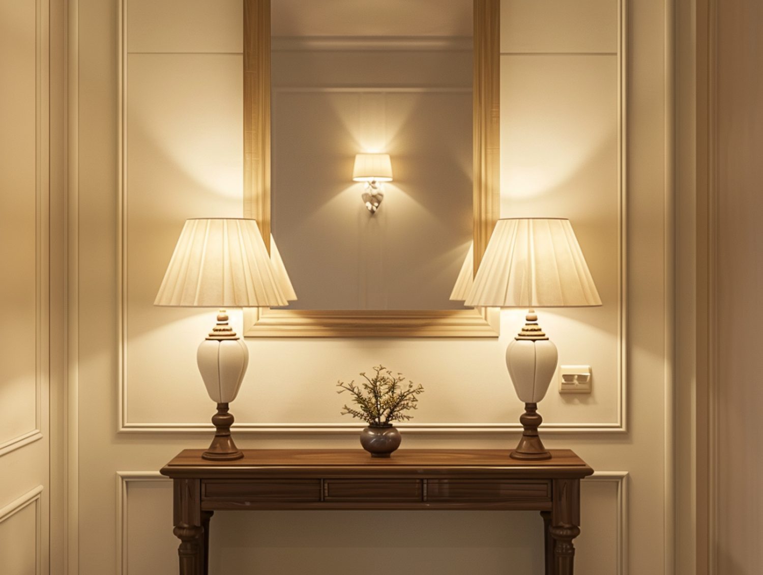 Klasyczny stolik z ciemnego drewna i lampami w stylu pałacowym