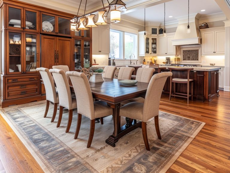 Duży drewniany stół jadalniany z tapicerowanymi krzesłami w klasycznej kuchni