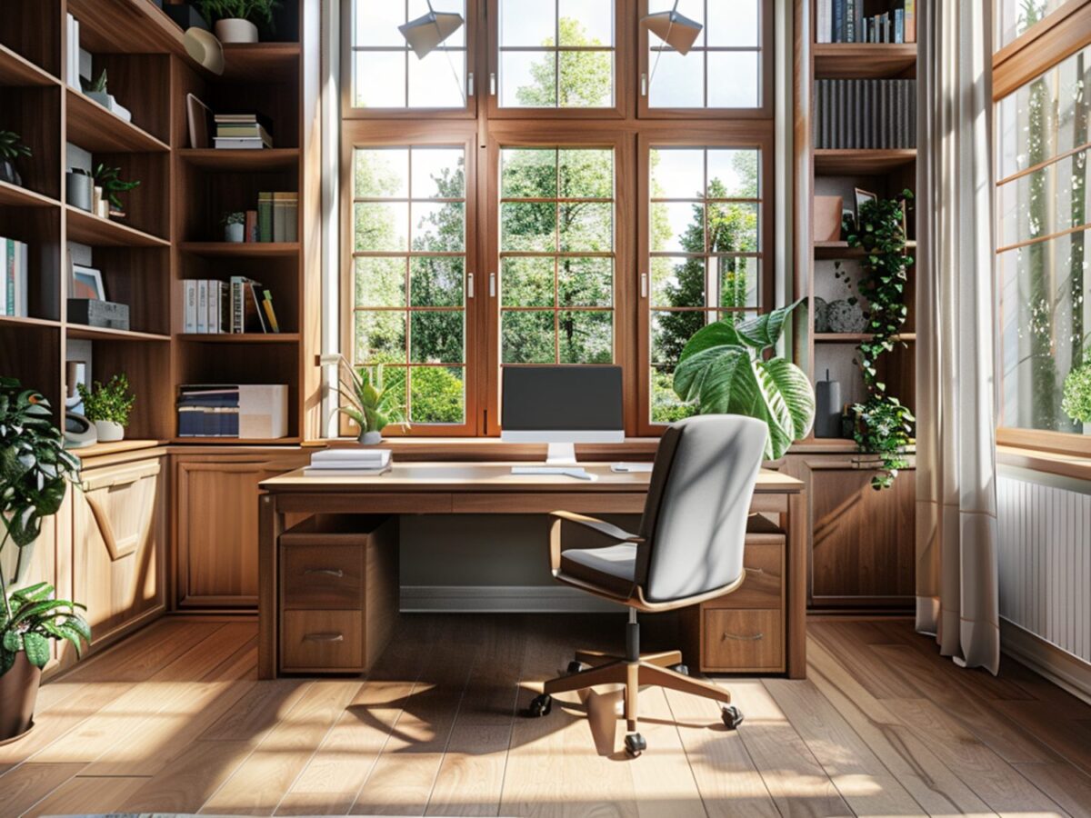 Drewniane biurko z szufladami i regałami w klasycznym gabinecie