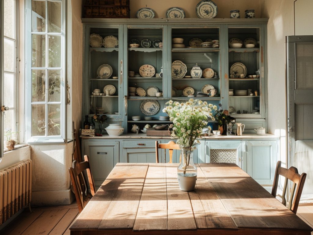 Kredens z jasnego drewna z witryną i bukietem kwiatów w kuchni