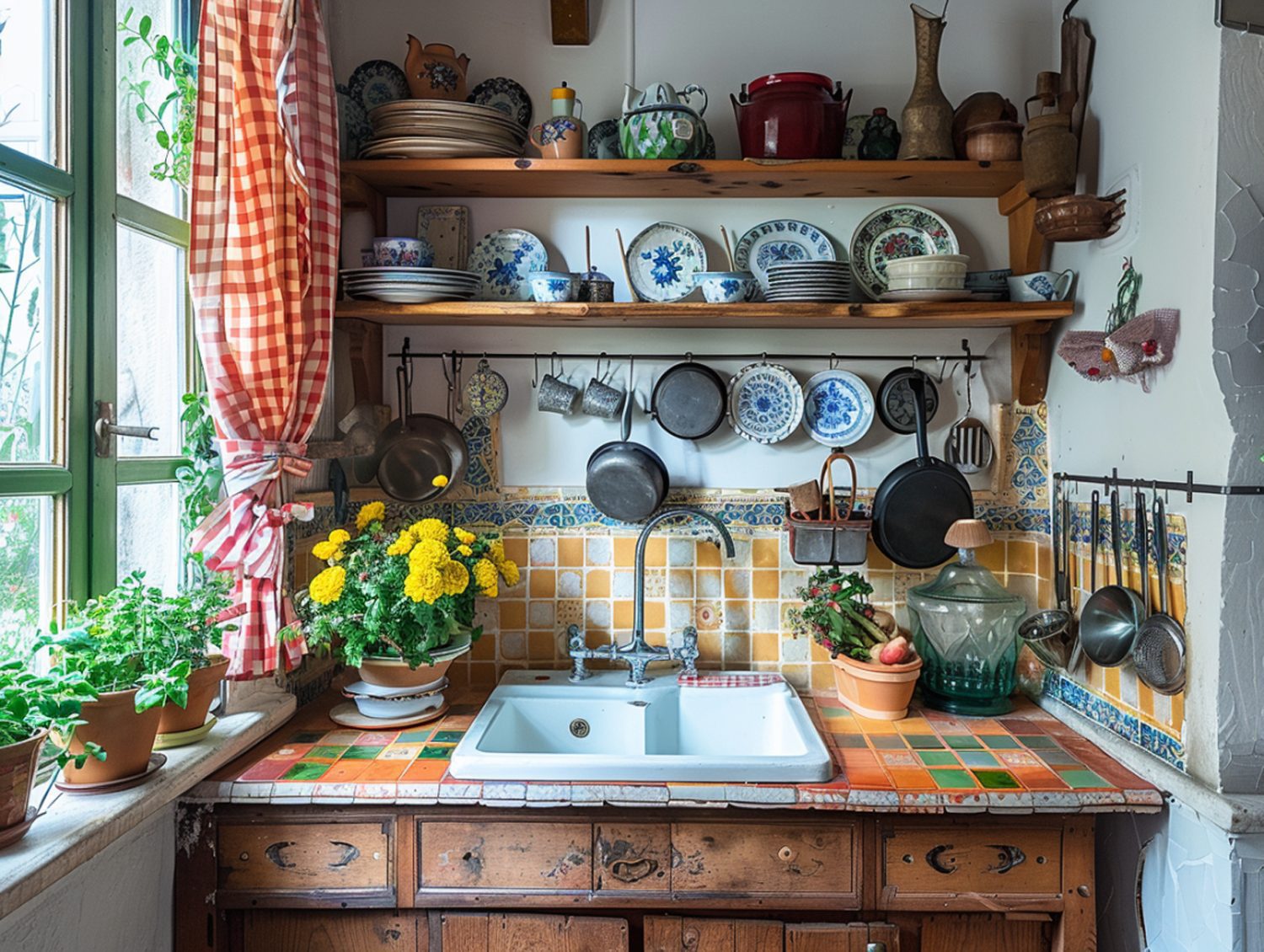 Drewniany zlew z półkami na ceramikę w rustykalnej kuchni