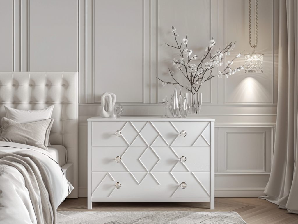 Biała komoda glamour z frontem 3D i złotymi detalami