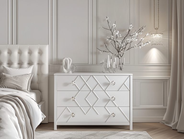 Biała komoda glamour z frontem 3D i złotymi detalami