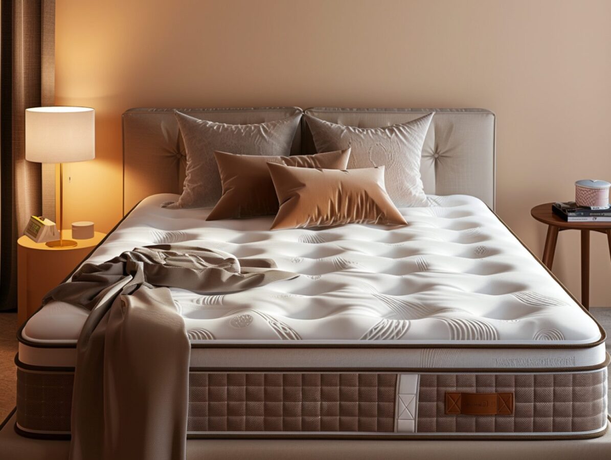 Klasyczne łóżko z pościelą w odcieniach beżu w sypialni glamour