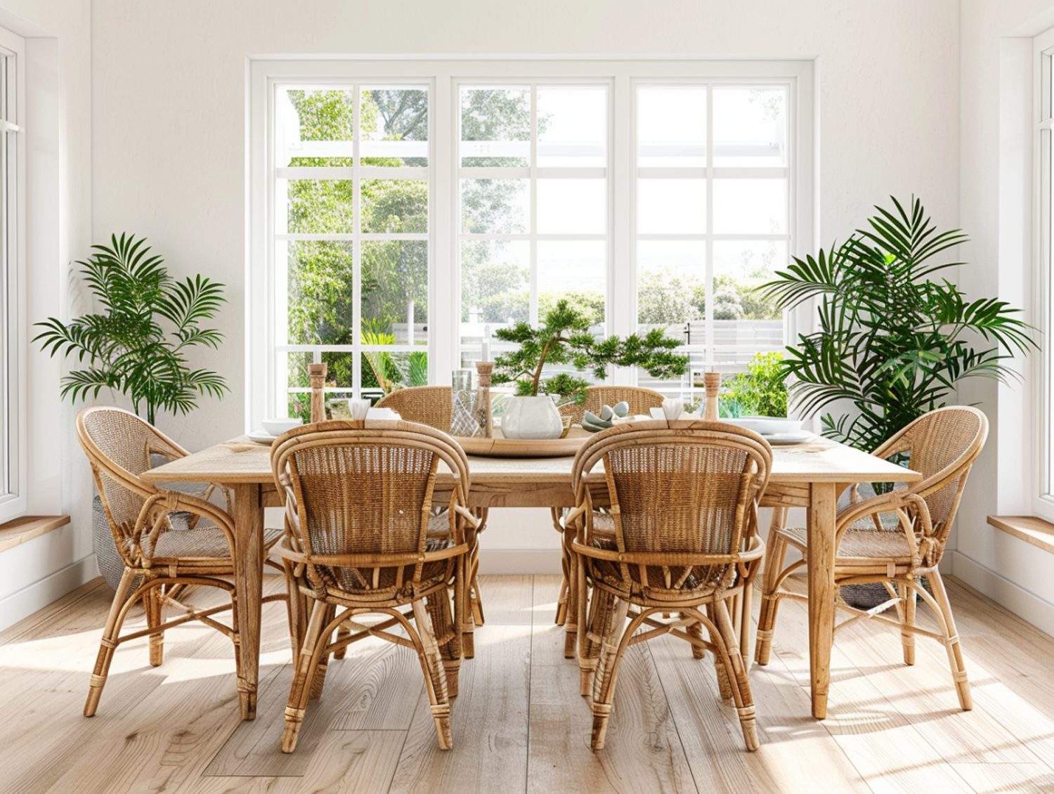 Zestaw jadalniany z plecionymi krzesłami z rattanu w oranżerii