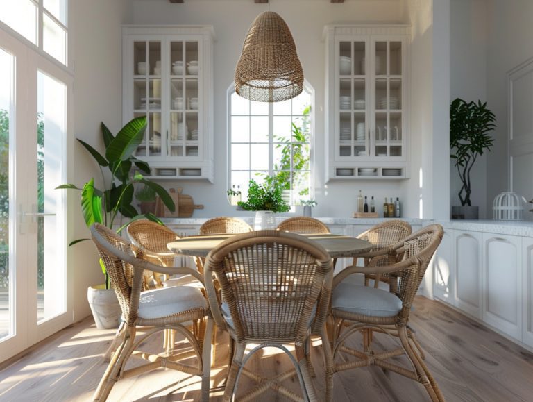 Rattanowy stół jadalniany z czterema krzesłami w stylu boho