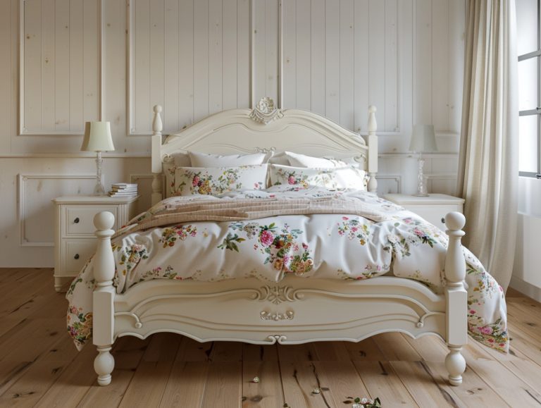 Romantyczne łóżko z rzeźbioną ramą i kwiecistą pościelą w stylu retro