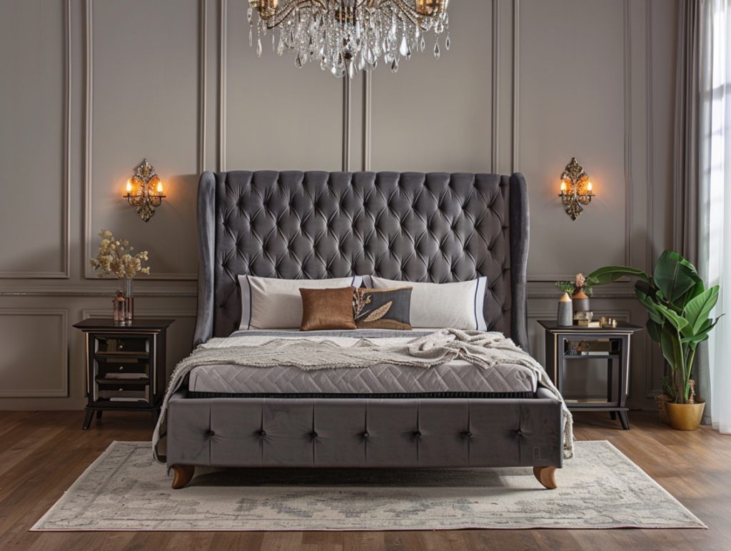 Łóżko z pikowanym zagłówkiem w sypialni glamour z żyrandolem