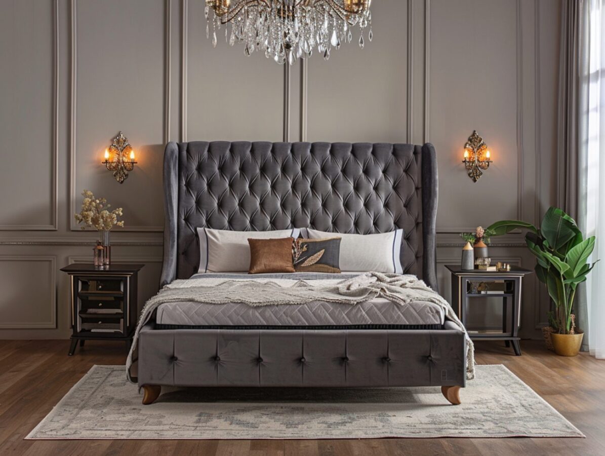 Łóżko z pikowanym zagłówkiem w sypialni glamour z żyrandolem