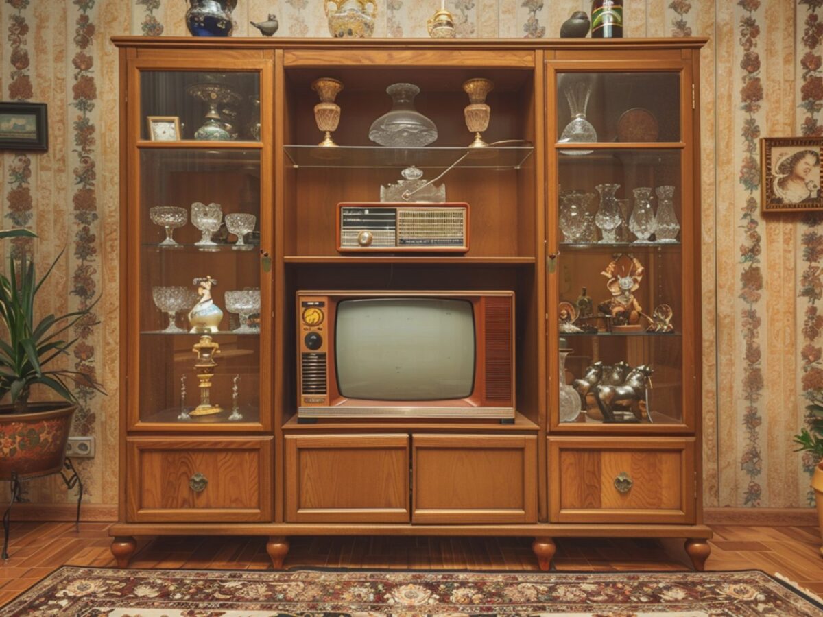 Meblościanka vintage z telewizorem i szklaną witryną z ozdobami