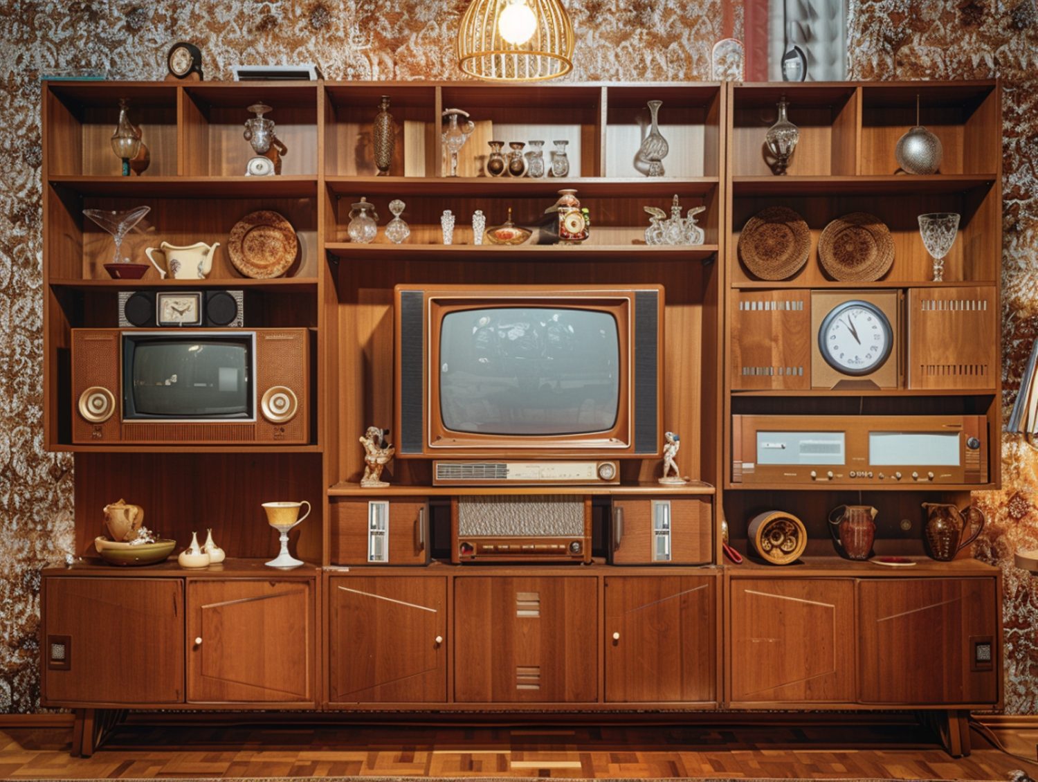 Drewniana meblościanka vintage z miejscem na telewizor i dekoracje