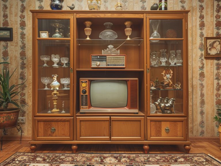 Meblościanka vintage z telewizorem i szklaną witryną z ozdobami