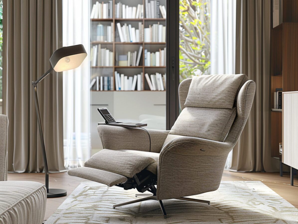 Jasne wnętrze z wysokim regałem i szarą sofą w stylu nowoczesnym