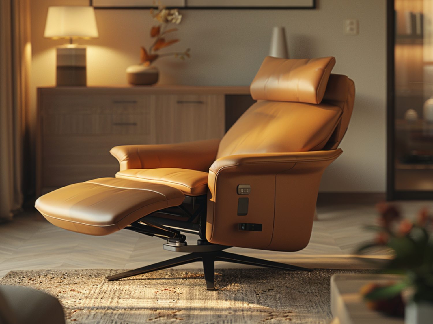 Fotel wypoczynkowy z funkcją masażu w karmelowej skórze w eleganckim wnętrzu