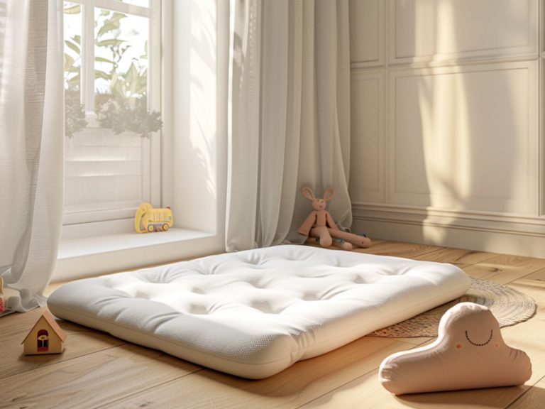 Materac nawierzchniowy w stylu japońskim w jasnej sypialni skandynawskiej