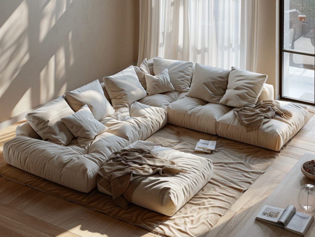 Narożna sofa modułowa w jasnym beżu w salonie boho