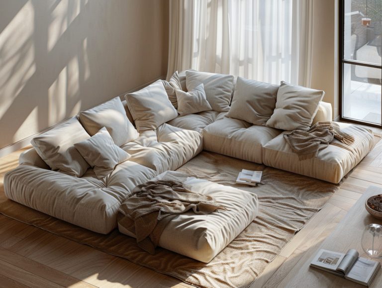 Narożna sofa modułowa w jasnym beżu w salonie boho