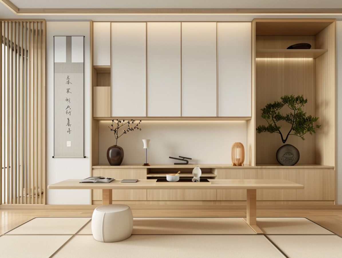 Jasna meblościanka w kolorach beżu i dekoracjami