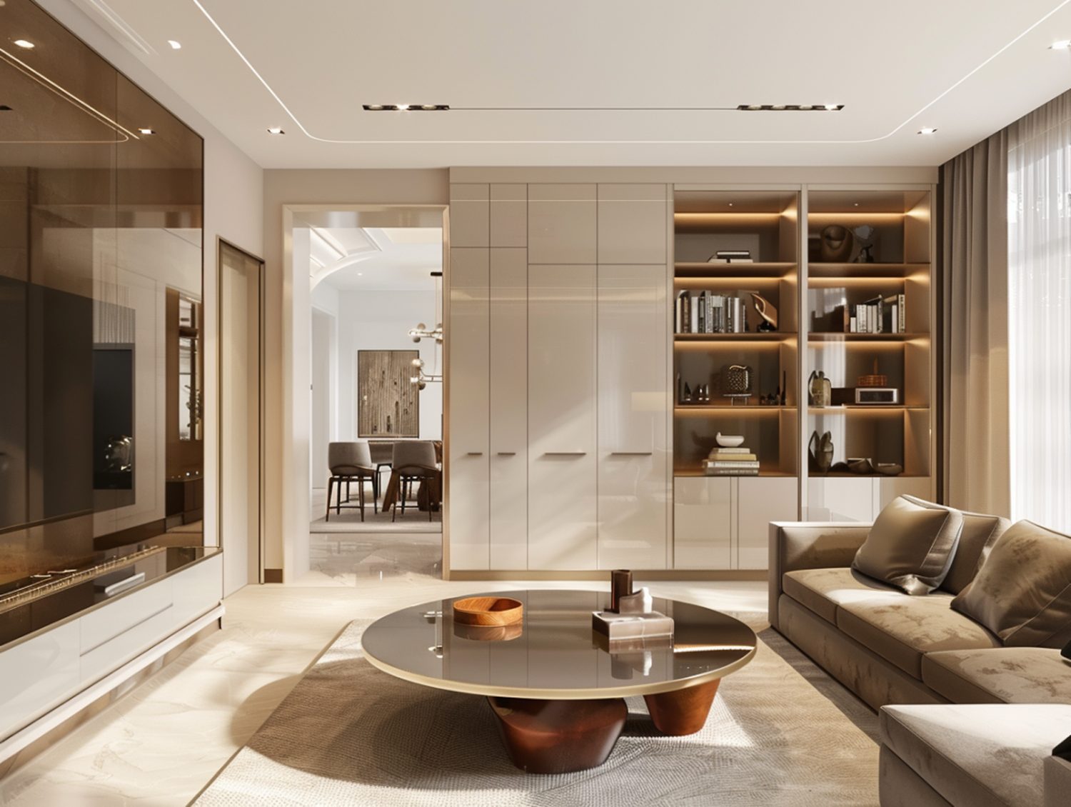 Salon z niskim stolikiem i meblami w stylu japońskim