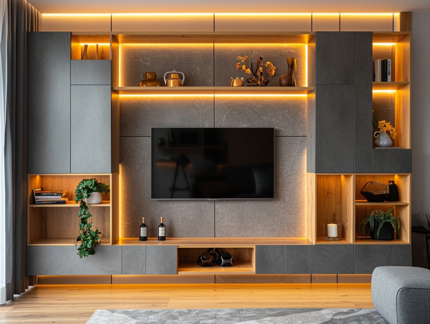 Ścienna zabudowa RTV z półkami i oświetleniem LED w nowoczesnym salonie