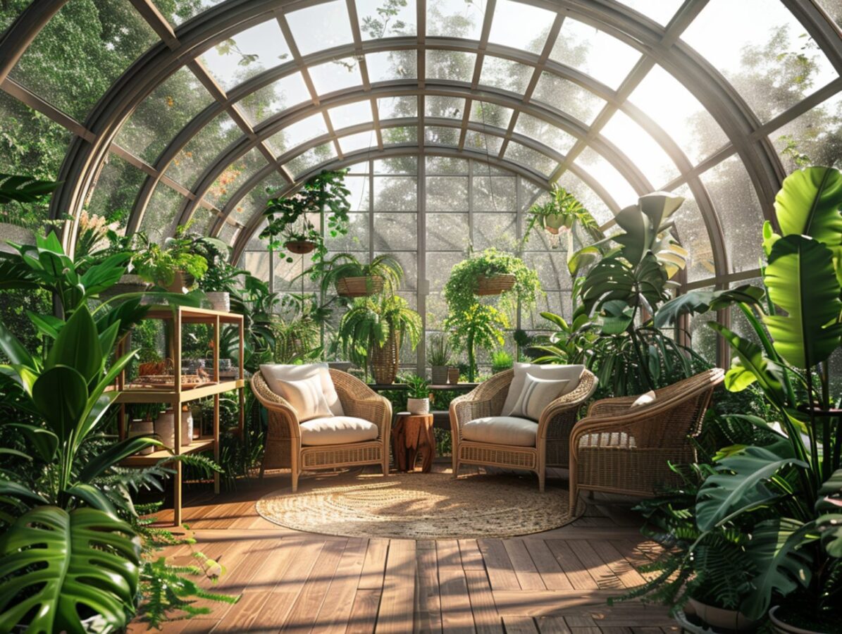 Luksusowy salon z wysokimi oknami i palmami w stylu śródziemnomorskim