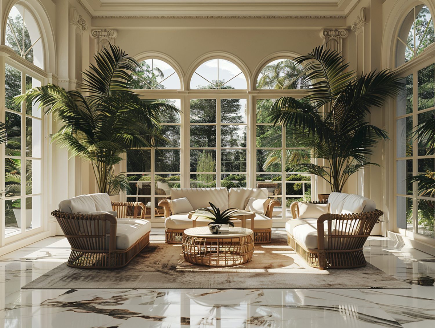 Luksusowy salon z wysokimi oknami i palmami w stylu śródziemnomorskim