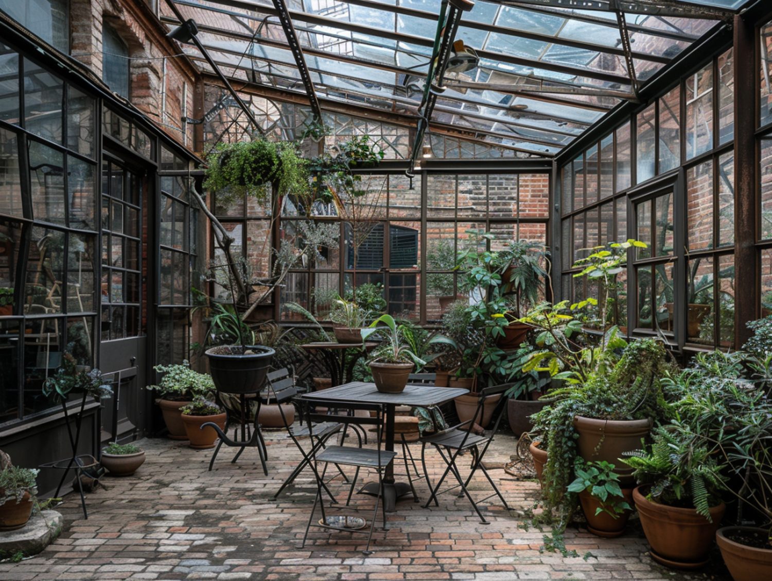 Ogród zimowy z żeliwnym stołem i krzesłami w stylu francuskim