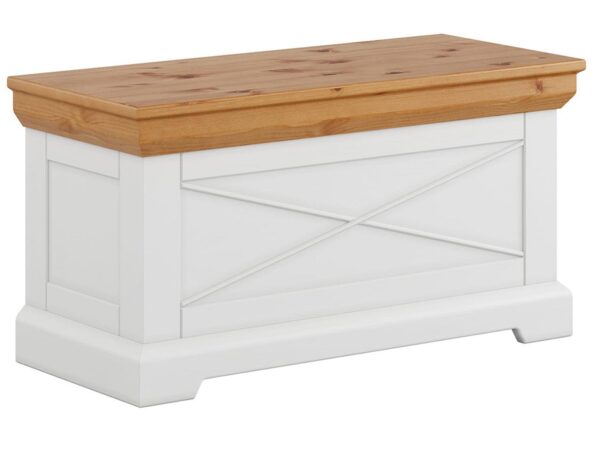 Biała skrzynia z frezowanym frontem i naturalnym blatem