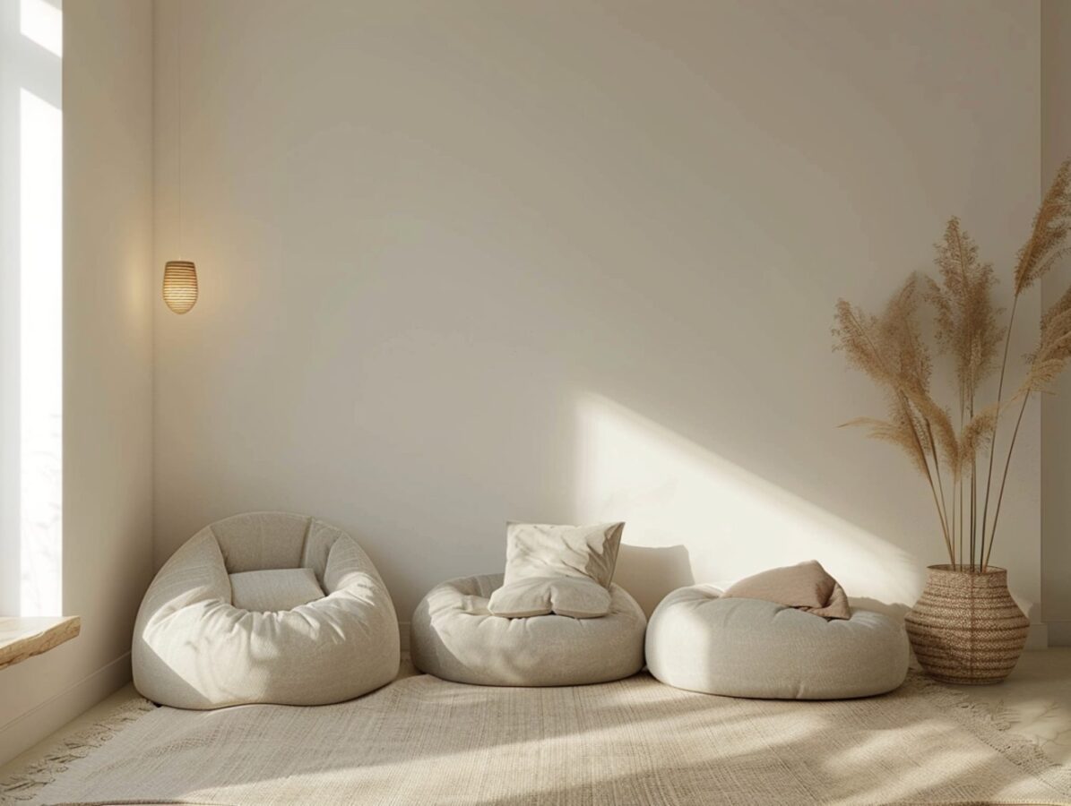 Trzy jasne pufy na podłodze w minimalistycznym pokoju relaksu