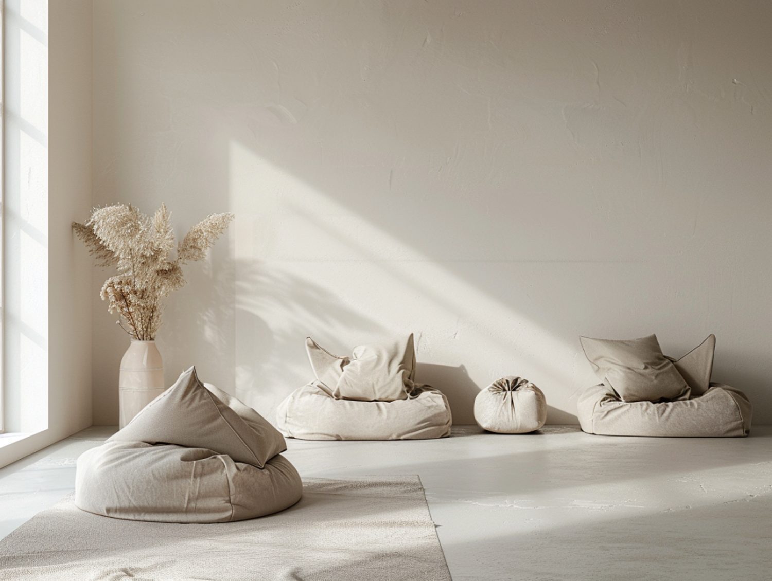 Białe pufy do siedzenia w stylu boho przy jasnej ścianie