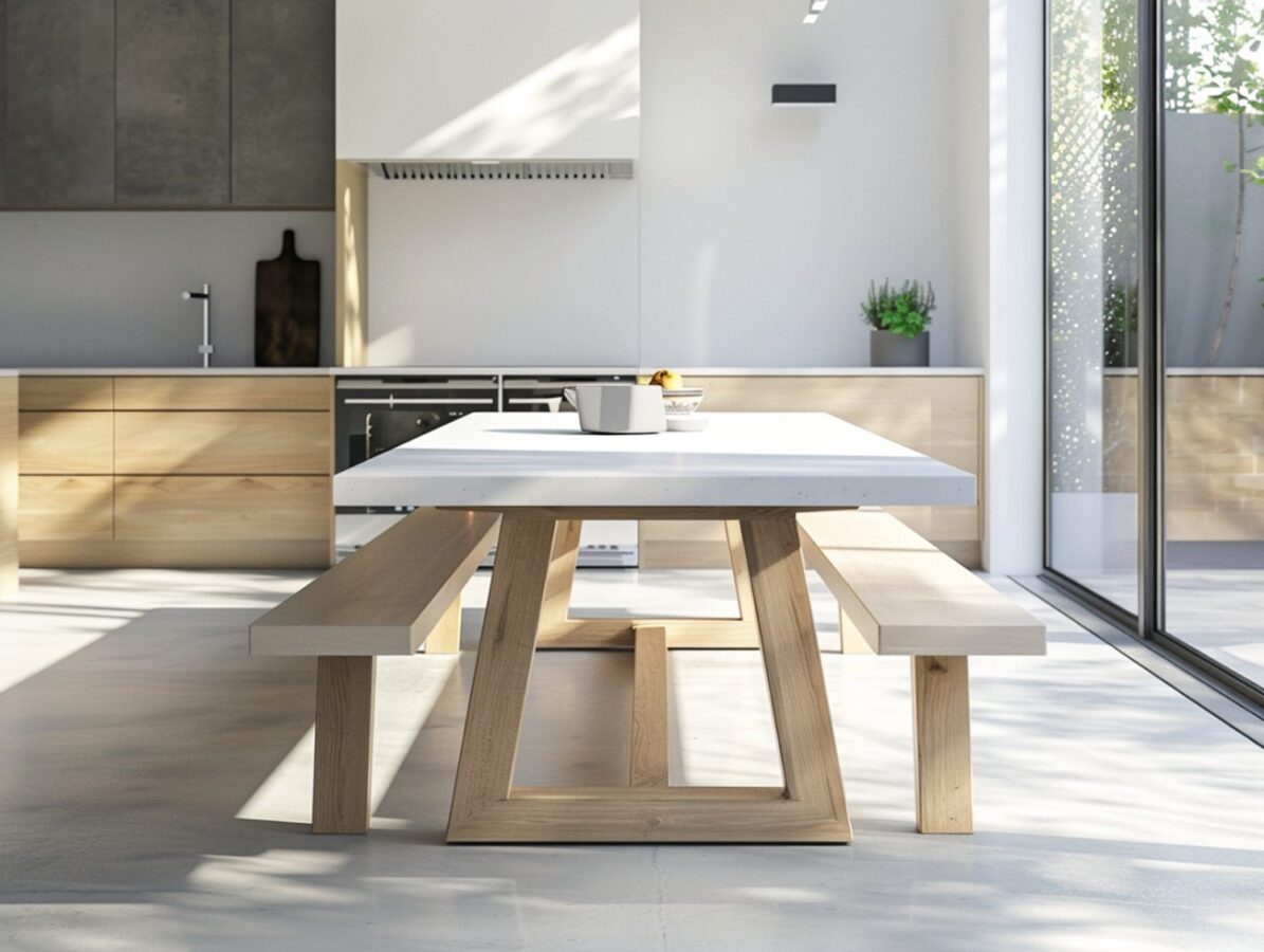 Jasna kuchnia z wyspą i drewnianym stołem w stylu skandynawskim