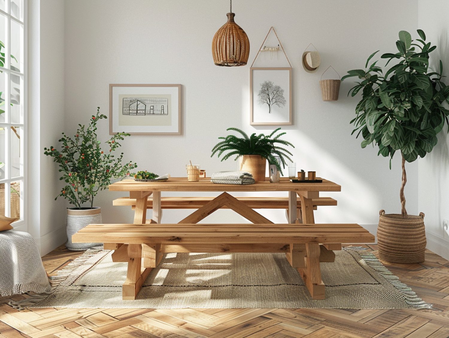 Drewniany stół z ławką i dekoracją ścienną w jasnej jadalni
