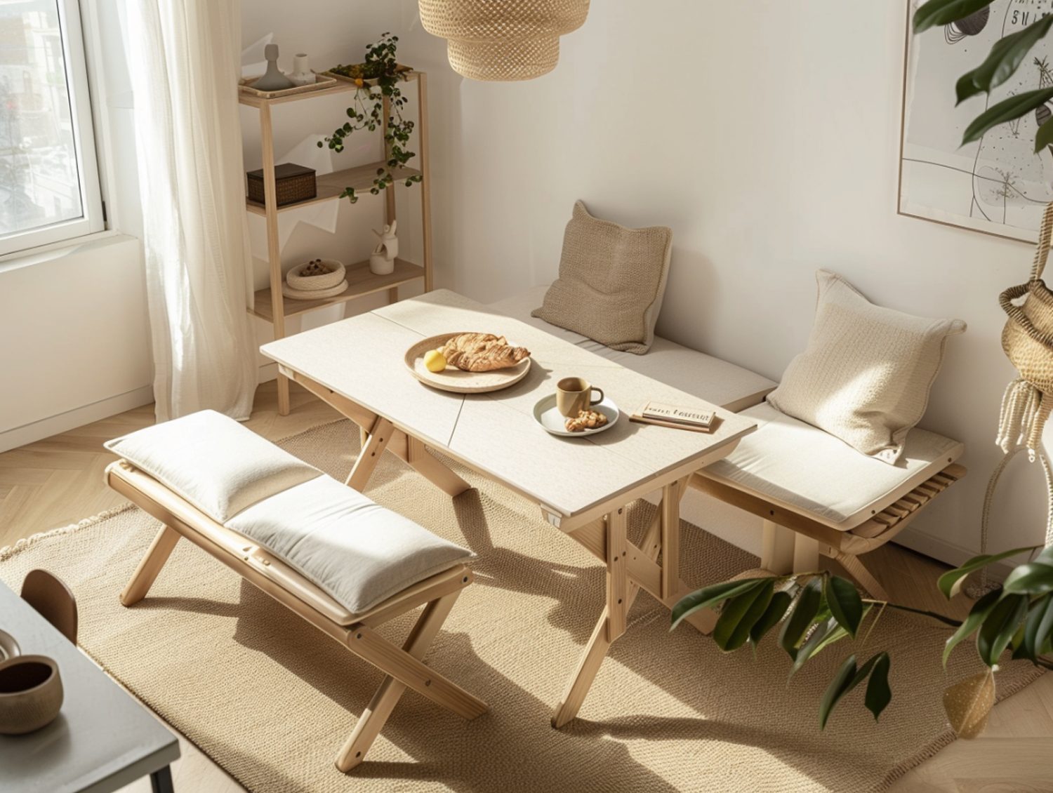 Kącik jadalniany z drewnianym stołem i ławami w stylu rustykalnym