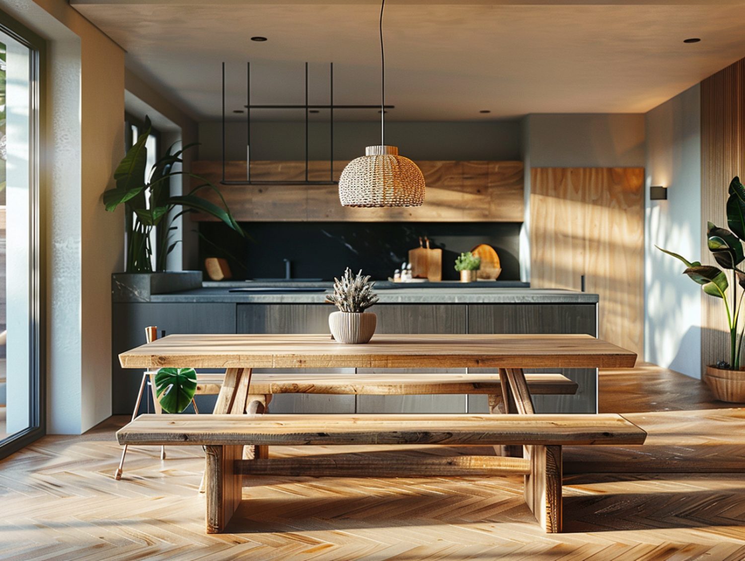 Kuchnia z wyspą i lampami rattanowymi w stylu skandynawskim