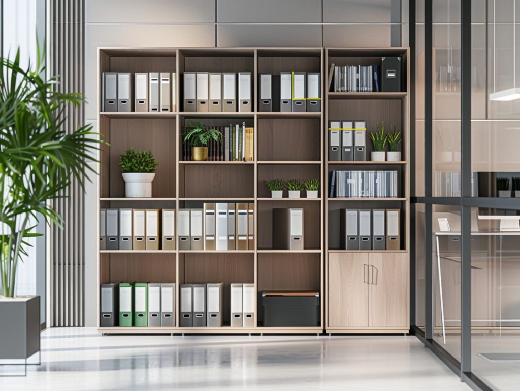 Regał z drewnianymi i białymi półkami w nowoczesnym biurze