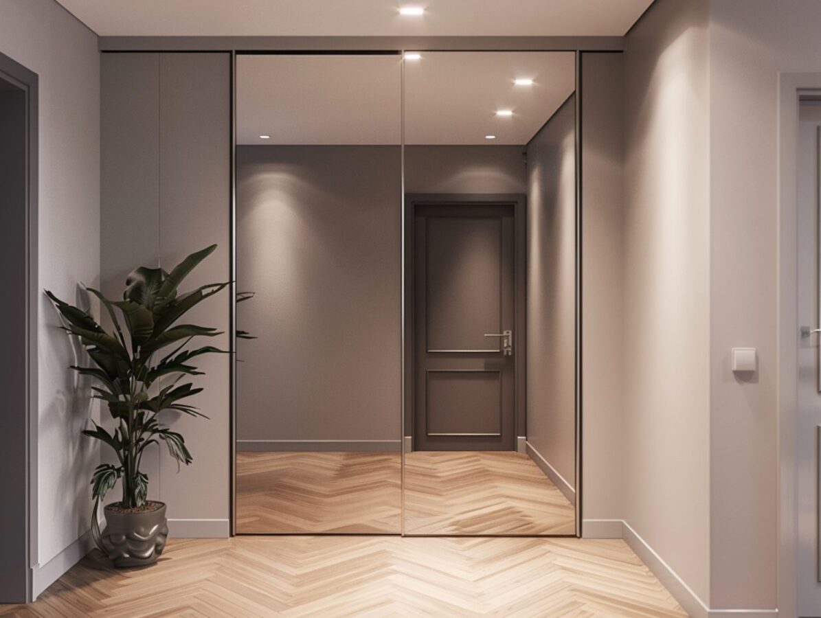 Nowoczesny przedpokój z szafą wnękową i panelami w kolorze taupe
