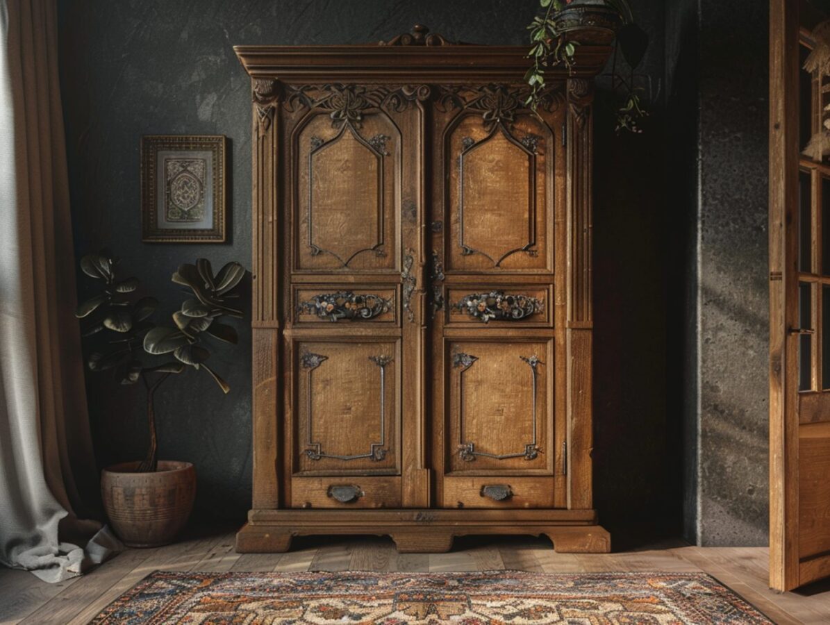 Rzeźbiona szafa w stylu pałacowym z ornamentami i ciemnym drewnem