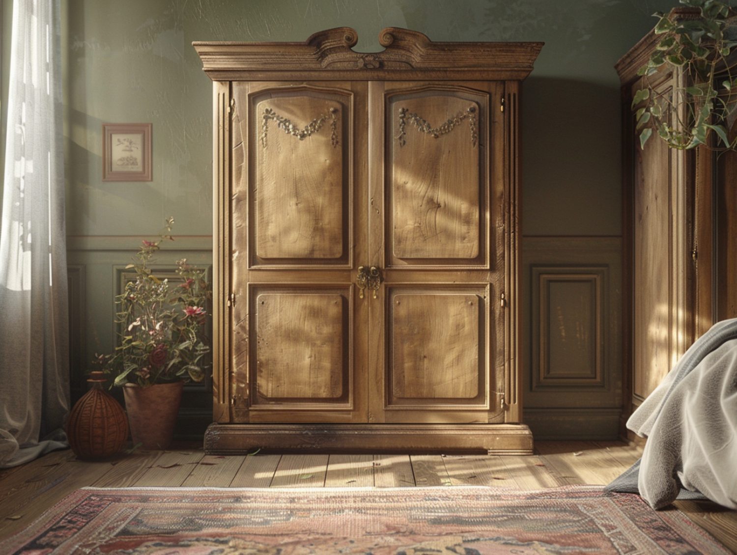 Stylowa szafa z postarzanego drewna w klasycznym wnętrzu