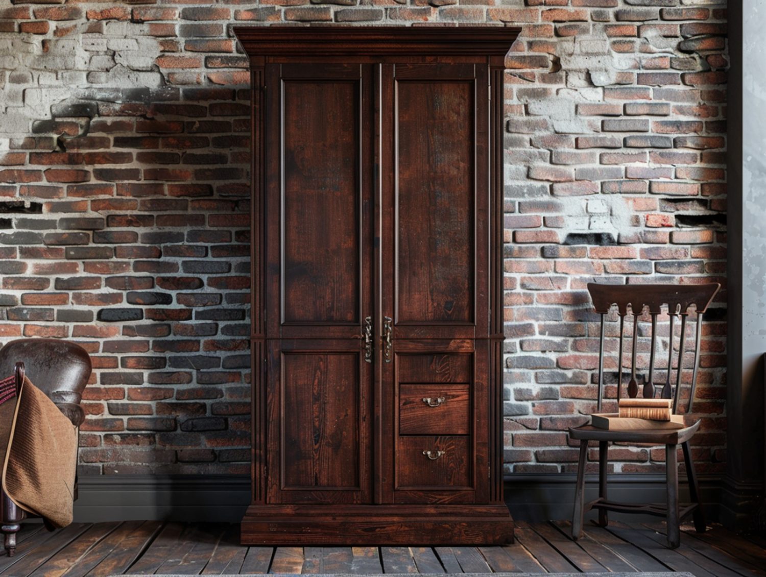 Ciemna szafa z litego drewna w stylu rustykalnym przy ceglanej ścianie